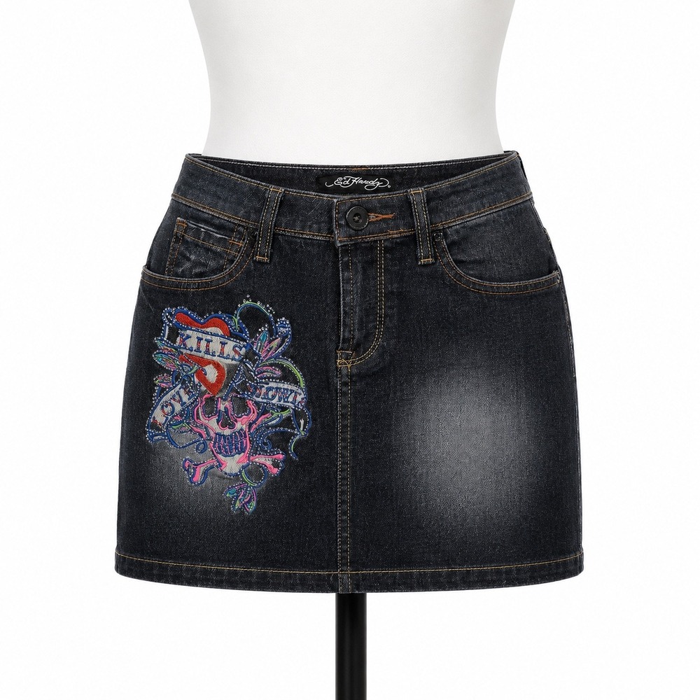Ed Hardy Y2K Denim Mini Skirt Skull Embroidered Girls 12 Emo McBling Grunge Jean